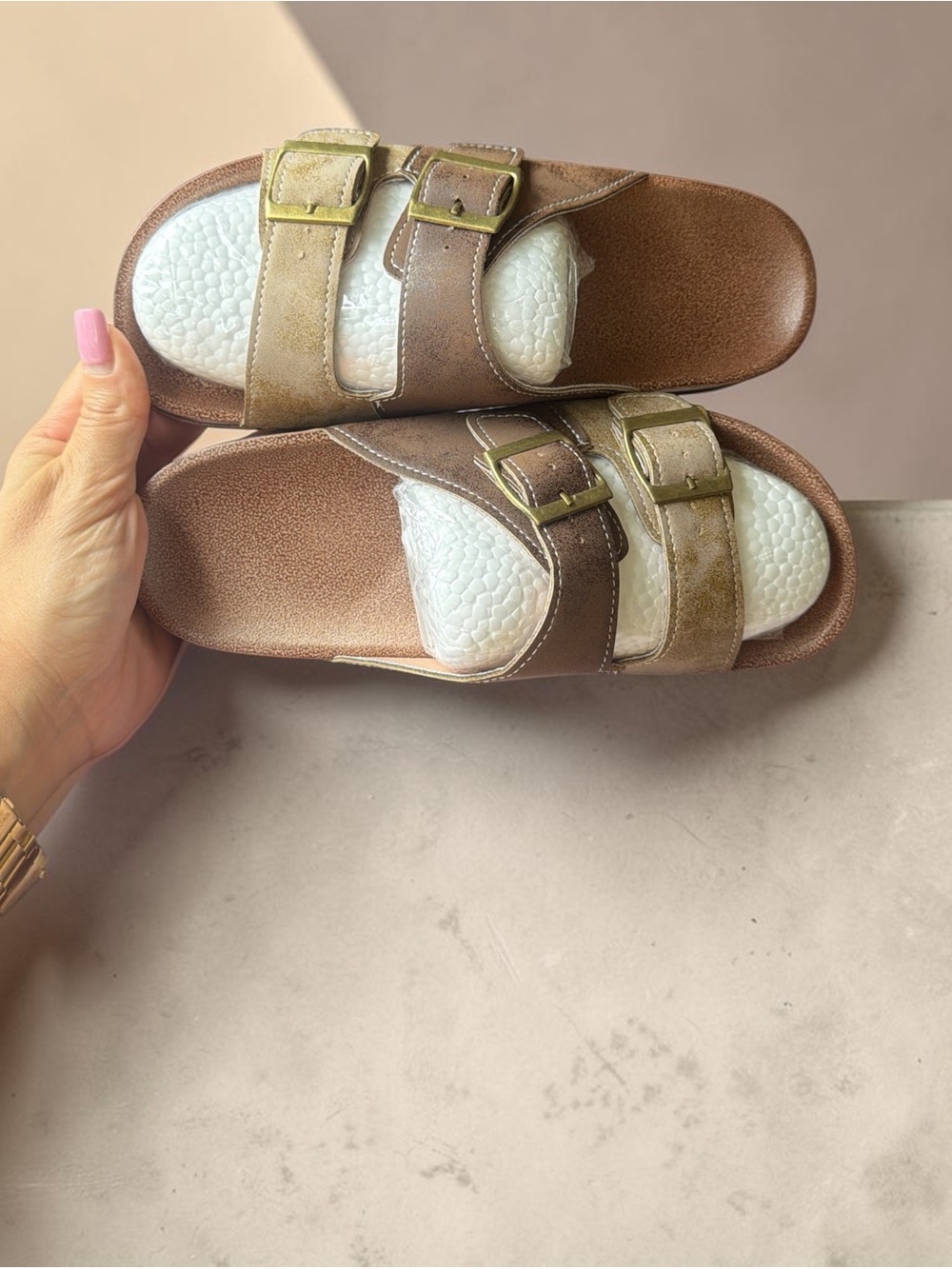 Women's Double-Buckle Slide Sandals - Brown